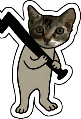 Cat holding a down arrow like a bat